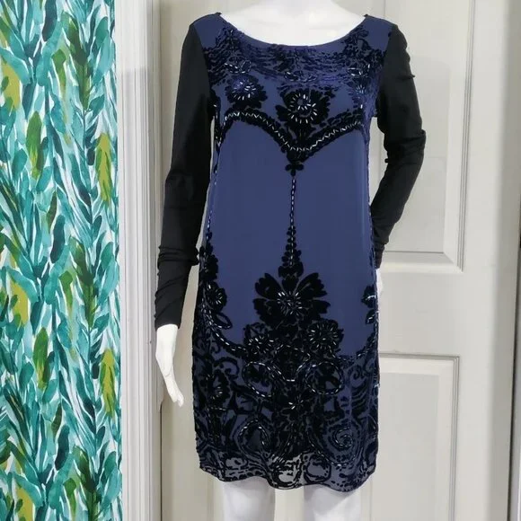 NWT Hale Bob Beaded Elisa Velvet Dress Burnout Long Sleeve Shift Blue Women's XS - Picture 4 of 14